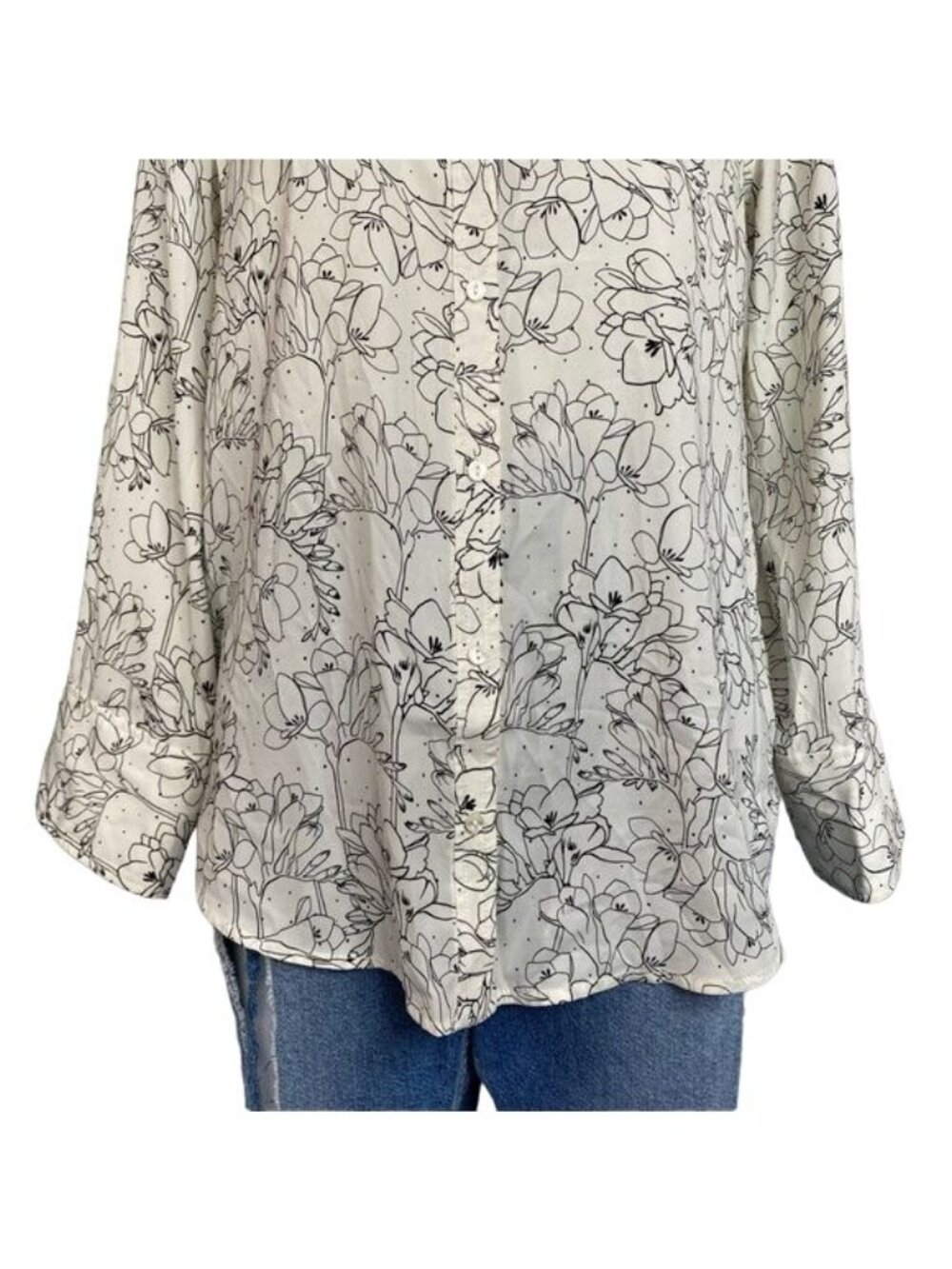 Treasure & Bond Floral Print Button-Up Blouse Long Sleeve White & Black Womens X - Picture 3 of 11